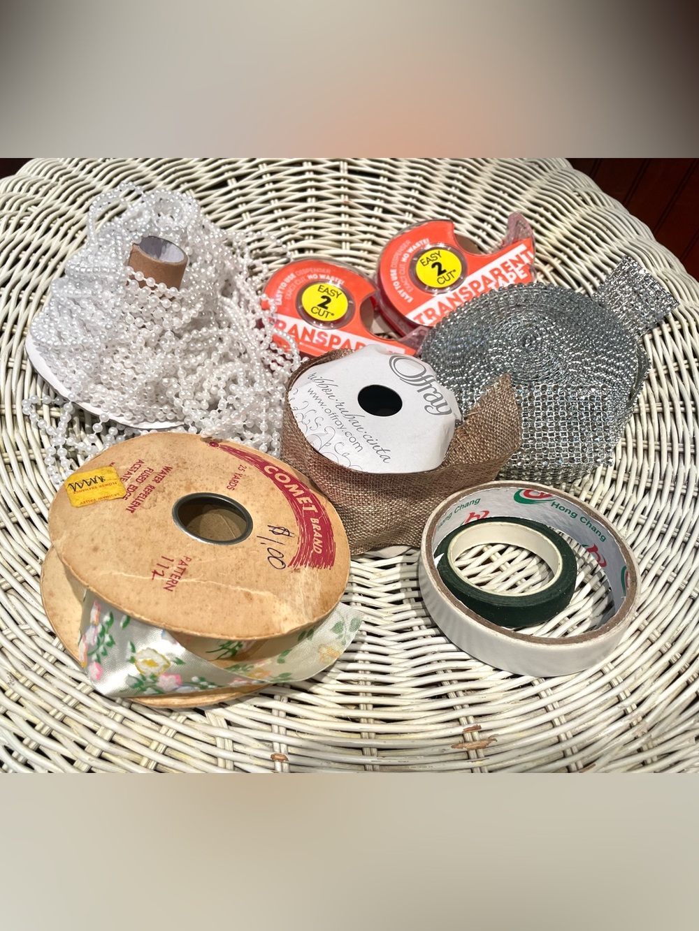 Bag of craft supplies Pearl Bead Trim, Silver Ribbon Bundle, double tape, etc